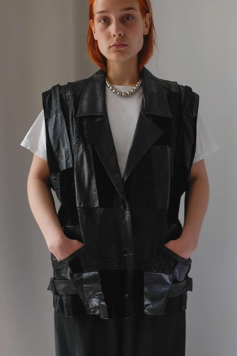 BLACK LEATHER VINTAGE OVERSIZE VEST