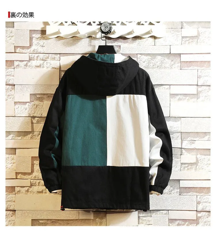 Black Patchwork Block Military Sweatshirt Jackets For Men Autumn Hip Hop Japanese Hoodies Streetwear Loose Casual Hooded Jacket