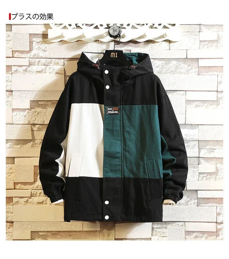 Black Patchwork Block Military Sweatshirt Jackets For Men Autumn Hip Hop Japanese Hoodies Streetwear Loose Casual Hooded Jacket