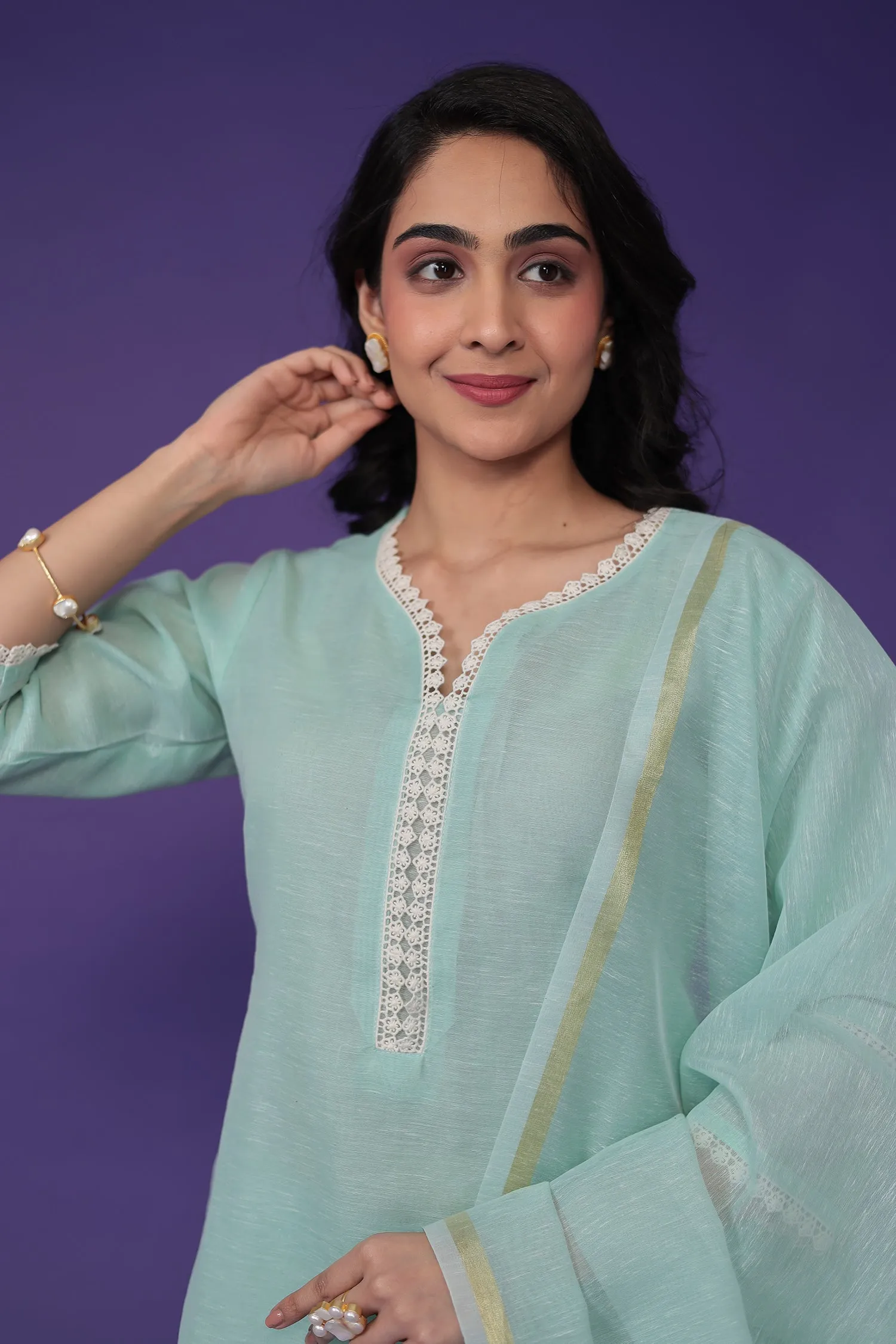 Chanderi Kurta Set Stitched with Embroidered work