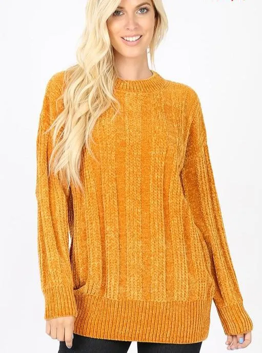 Chenille Cable Knit Sweater- Mustard