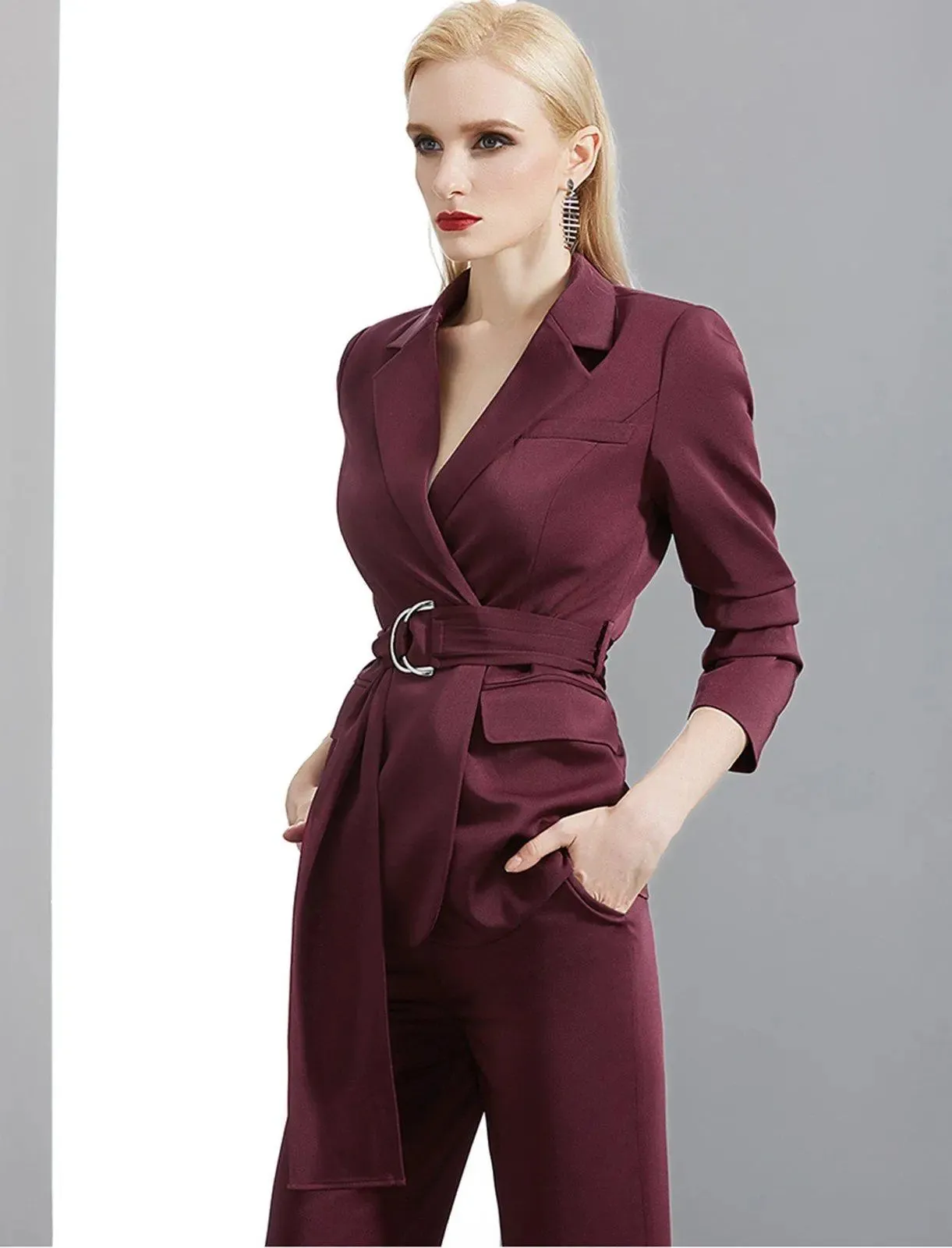 Claret Buckle Belted Blazer & Flare Pants Suit Set