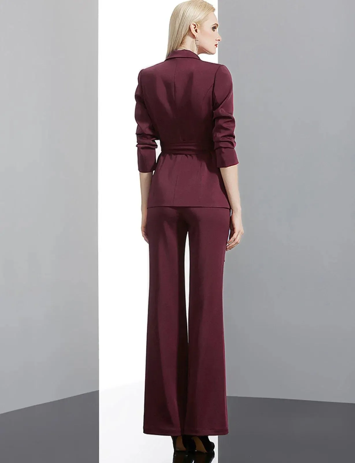 Claret Buckle Belted Blazer & Flare Pants Suit Set