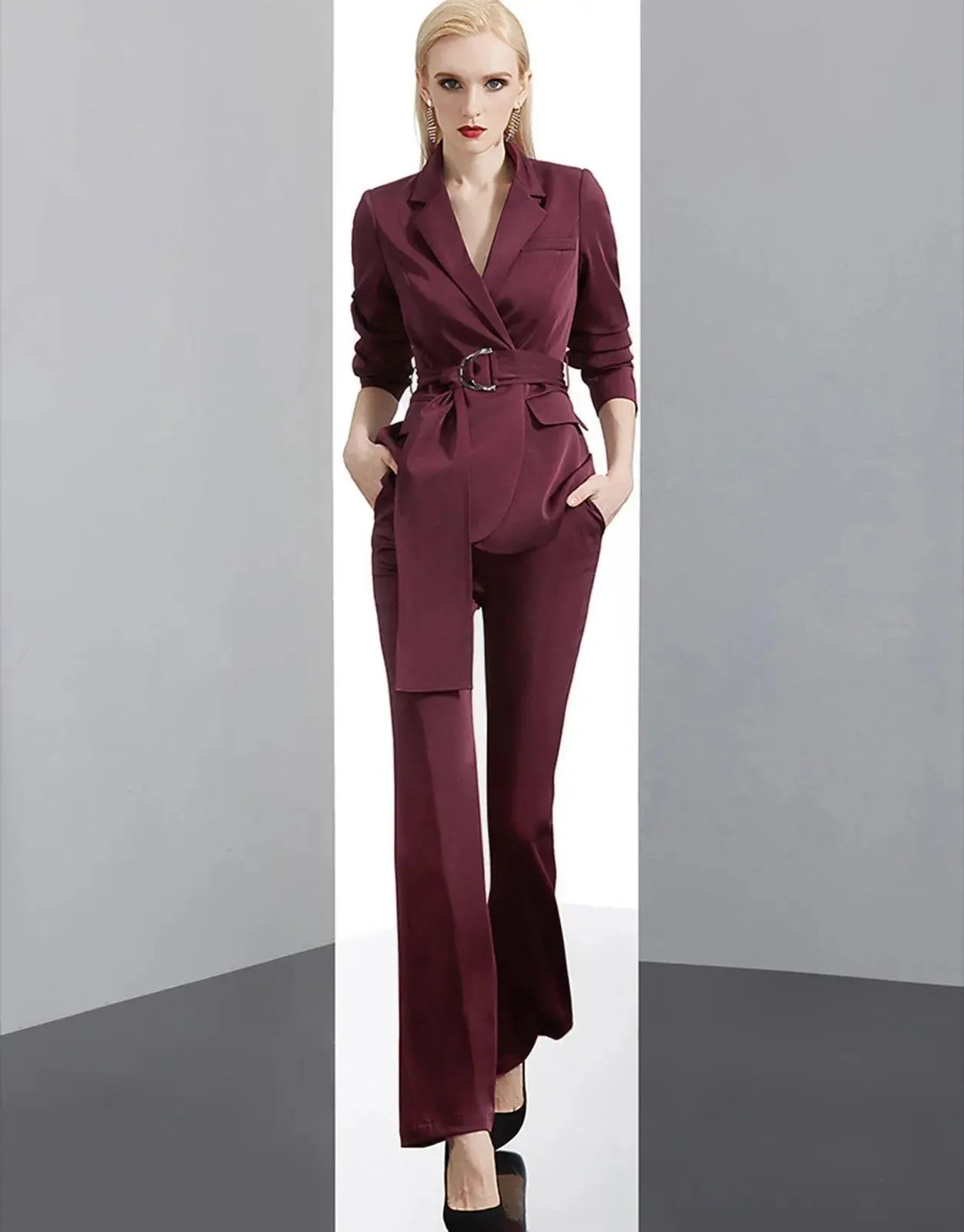 Claret Buckle Belted Blazer & Flare Pants Suit Set