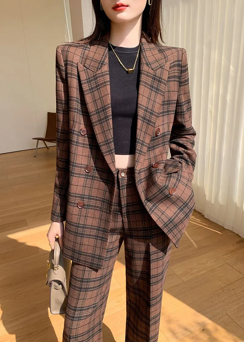 Coffee Plaid Blazer Wide Leg Pantsuit