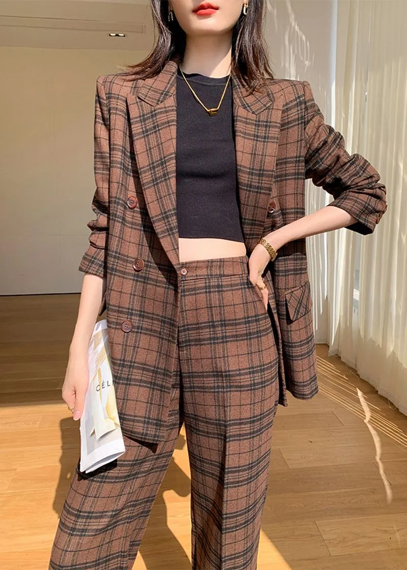 Coffee Plaid Blazer Wide Leg Pantsuit