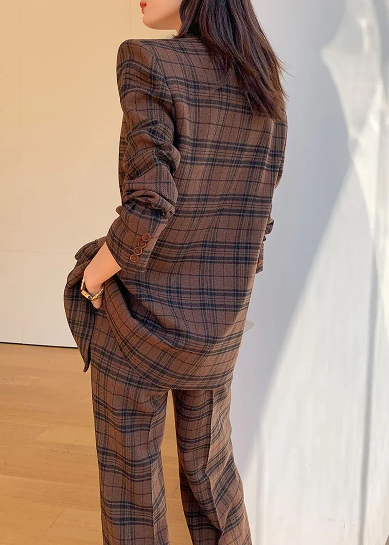 Coffee Plaid Blazer Wide Leg Pantsuit