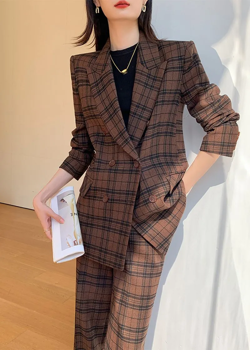 Coffee Plaid Blazer Wide Leg Pantsuit