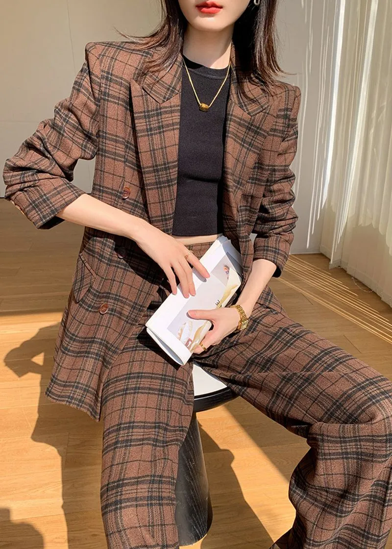 Coffee Plaid Blazer Wide Leg Pantsuit