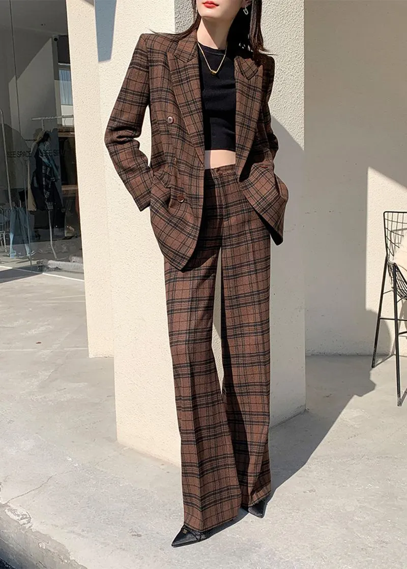 Coffee Plaid Blazer Wide Leg Pantsuit