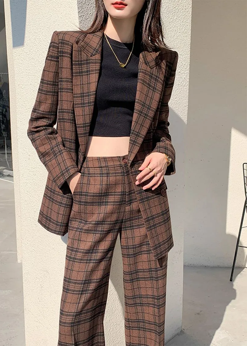 Coffee Plaid Blazer Wide Leg Pantsuit