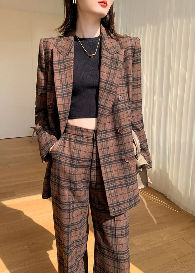 Coffee Plaid Blazer Wide Leg Pantsuit