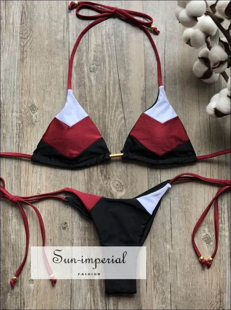 Color Block Padded Triangle Black Red White Bikini Set Women’s Swimming Suit Halter Drawstring Bathing Suit