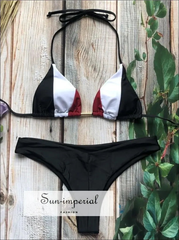 Color Block Padded Triangle Black Red White Bikini Set Women’s Swimming Suit Halter Drawstring Bathing Suit