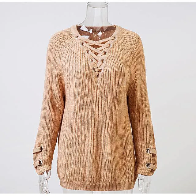 Conmoto Solid White Casual Sweater Lace Up Women Sweater Long Sleeve Autumn Winter Sweater Street Fashion