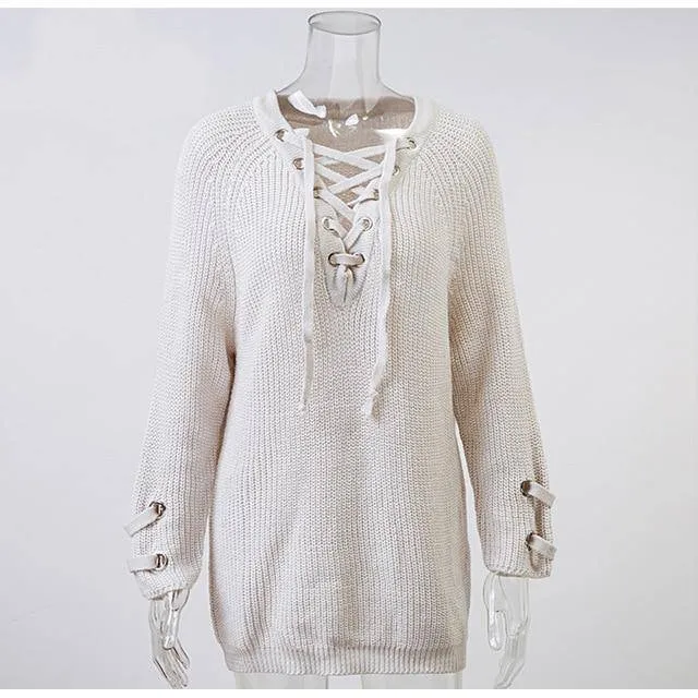 Conmoto Solid White Casual Sweater Lace Up Women Sweater Long Sleeve Autumn Winter Sweater Street Fashion