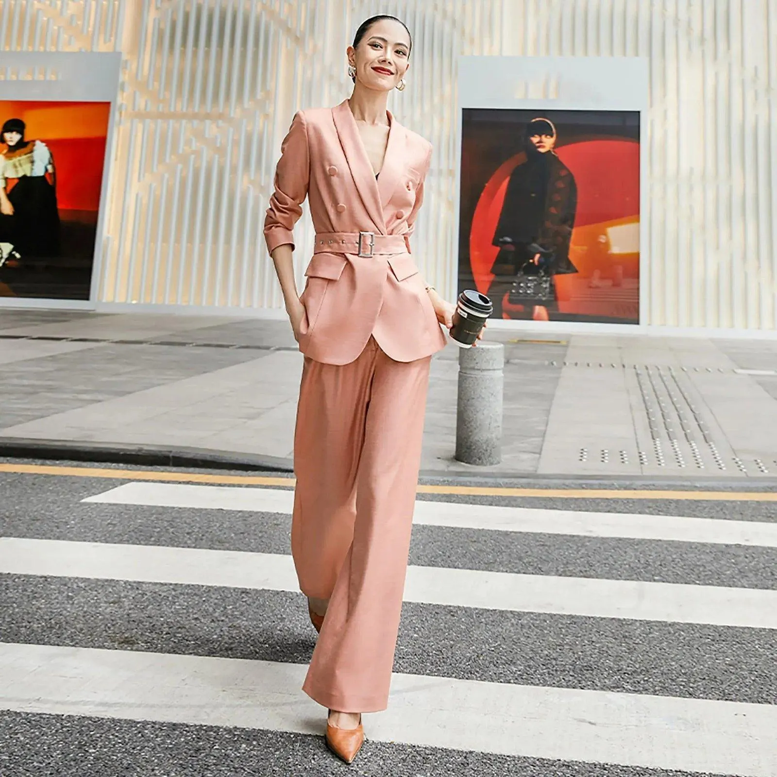 Coral Pink Belted Blazer & Wide Leg Trousers Pantsuit