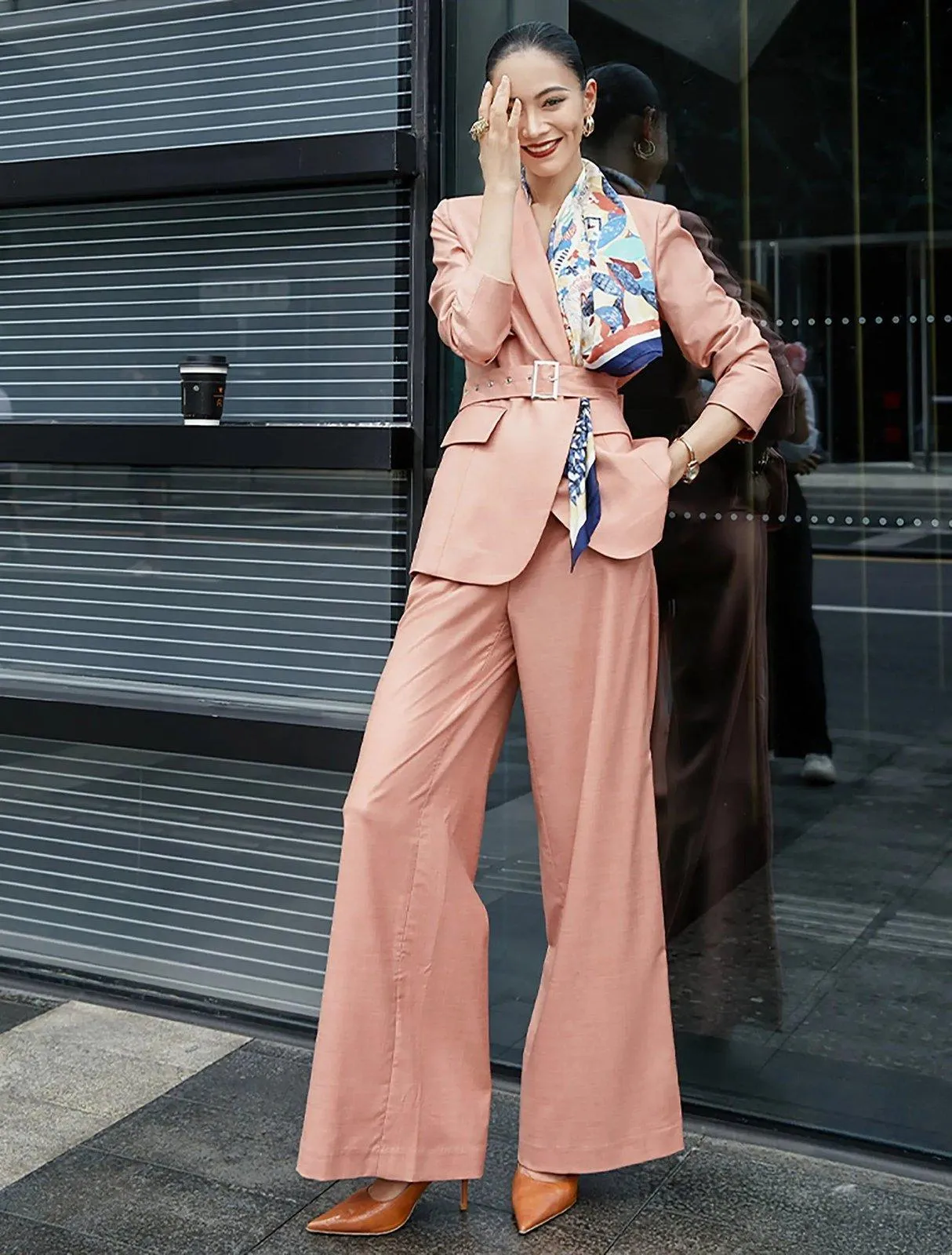 Coral Pink Belted Blazer & Wide Leg Trousers Pantsuit