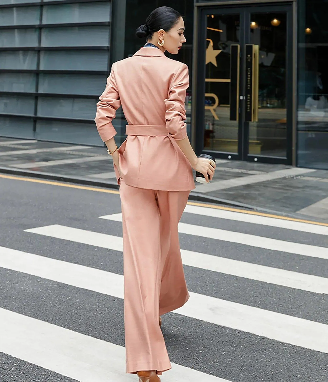 Coral Pink Belted Blazer & Wide Leg Trousers Pantsuit