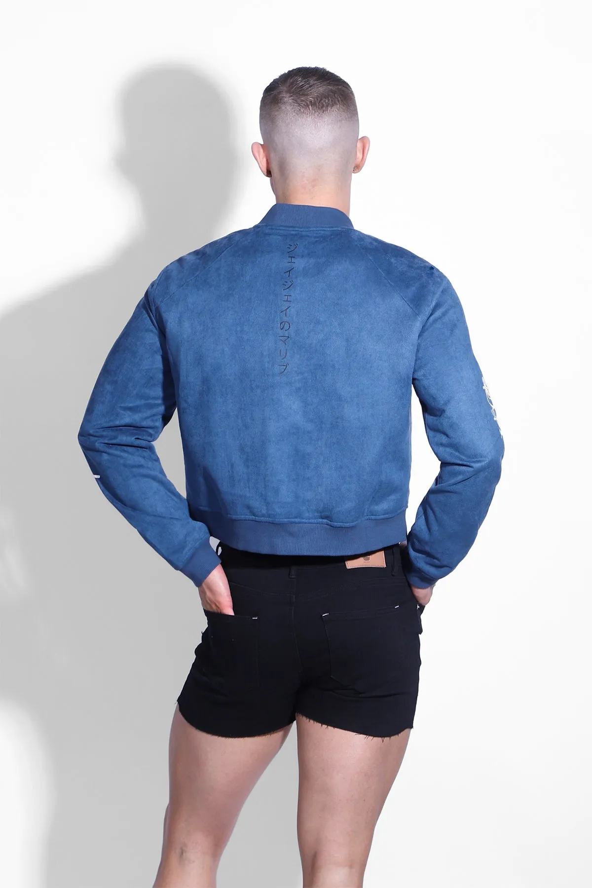 Cropped Suede Bomber Jacket - Navy