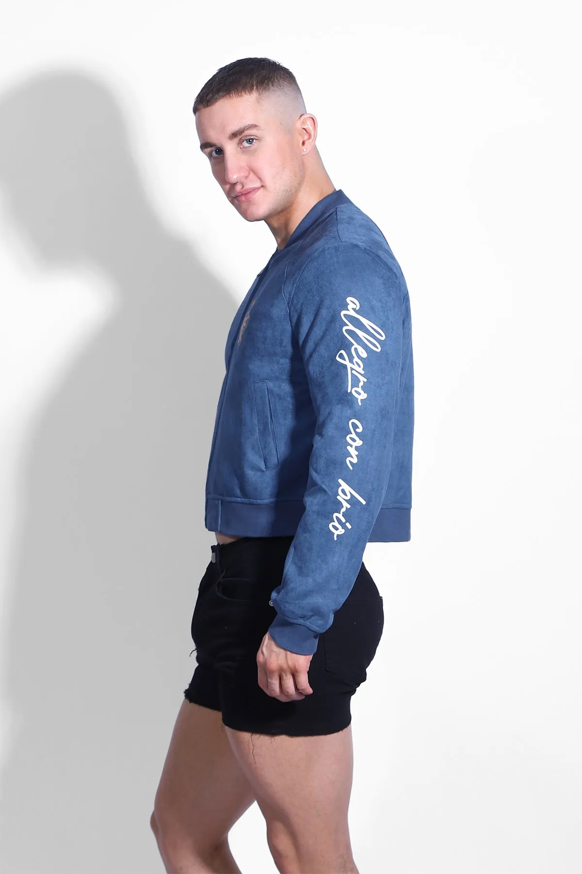 Cropped Suede Bomber Jacket - Navy