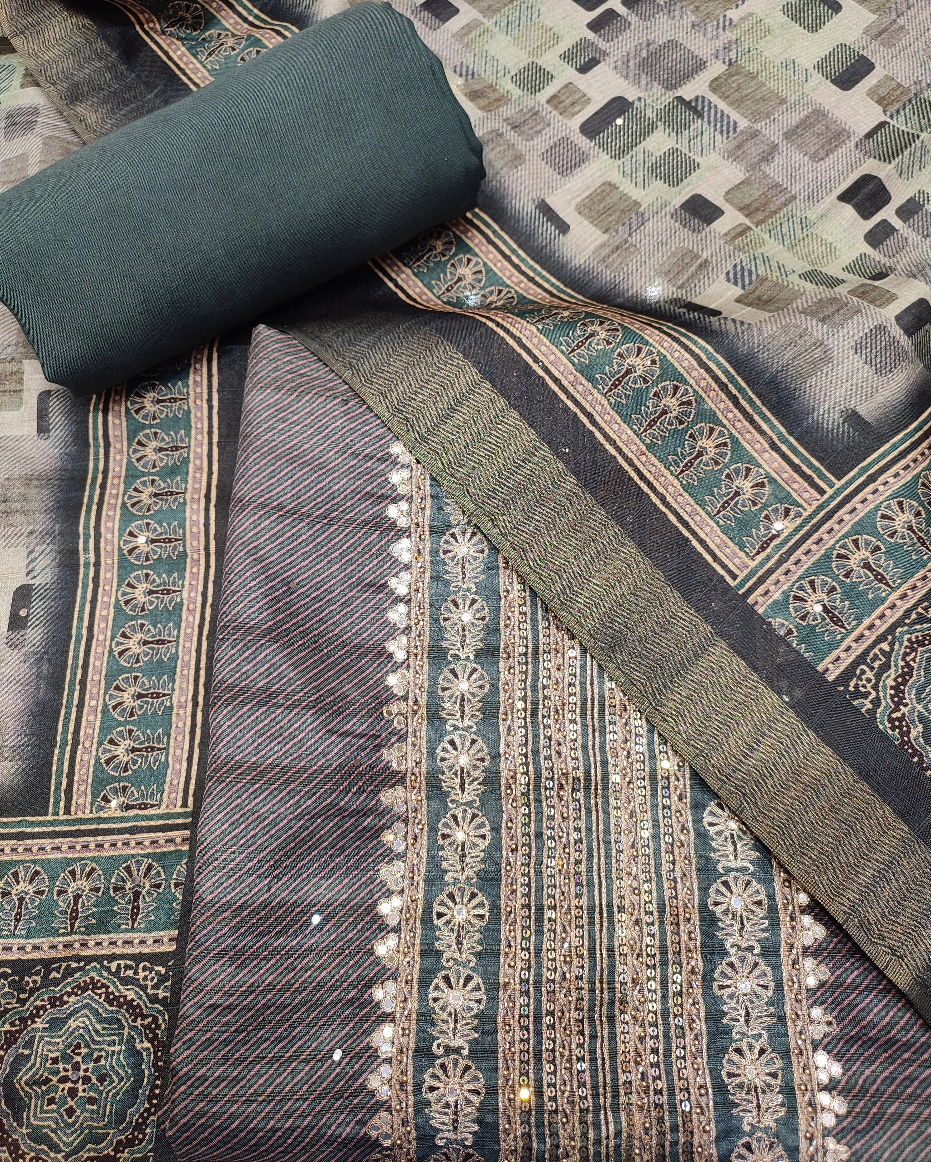 Dark Green Tussar Silk Unstitched Suit With Golden Zari Embroidery