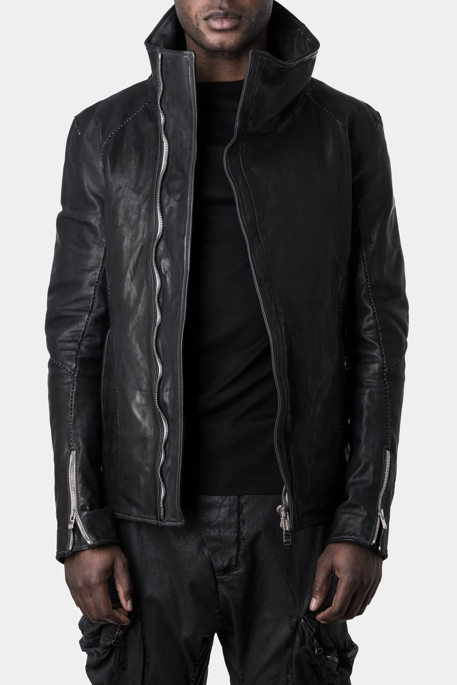 Leather Jacket with Darted Shoulder and Scar Stitch Detailing