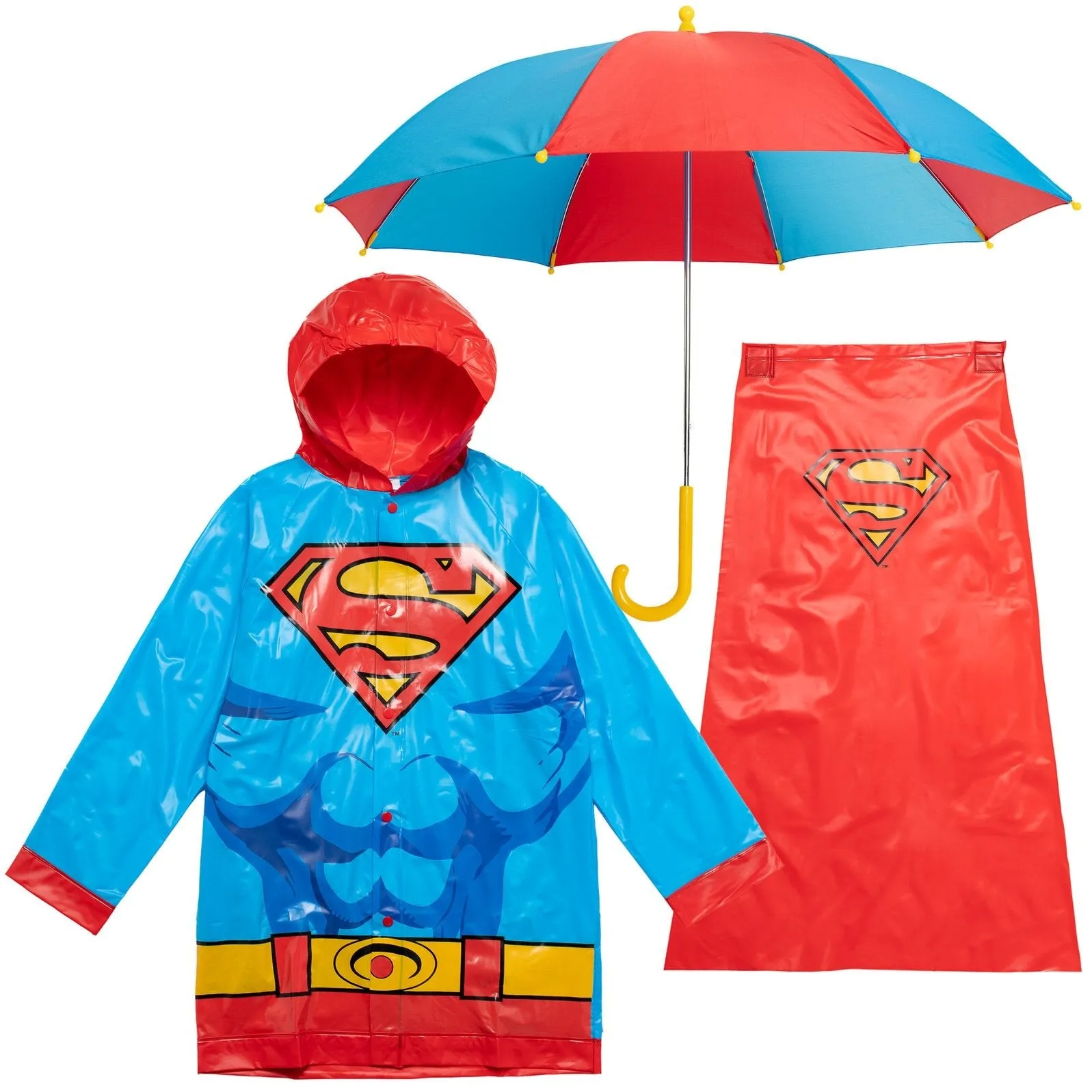 DC Comics Justice League Superman Waterproof Rain Jacket Cape and Umbrella 3 Piece Outfit Set