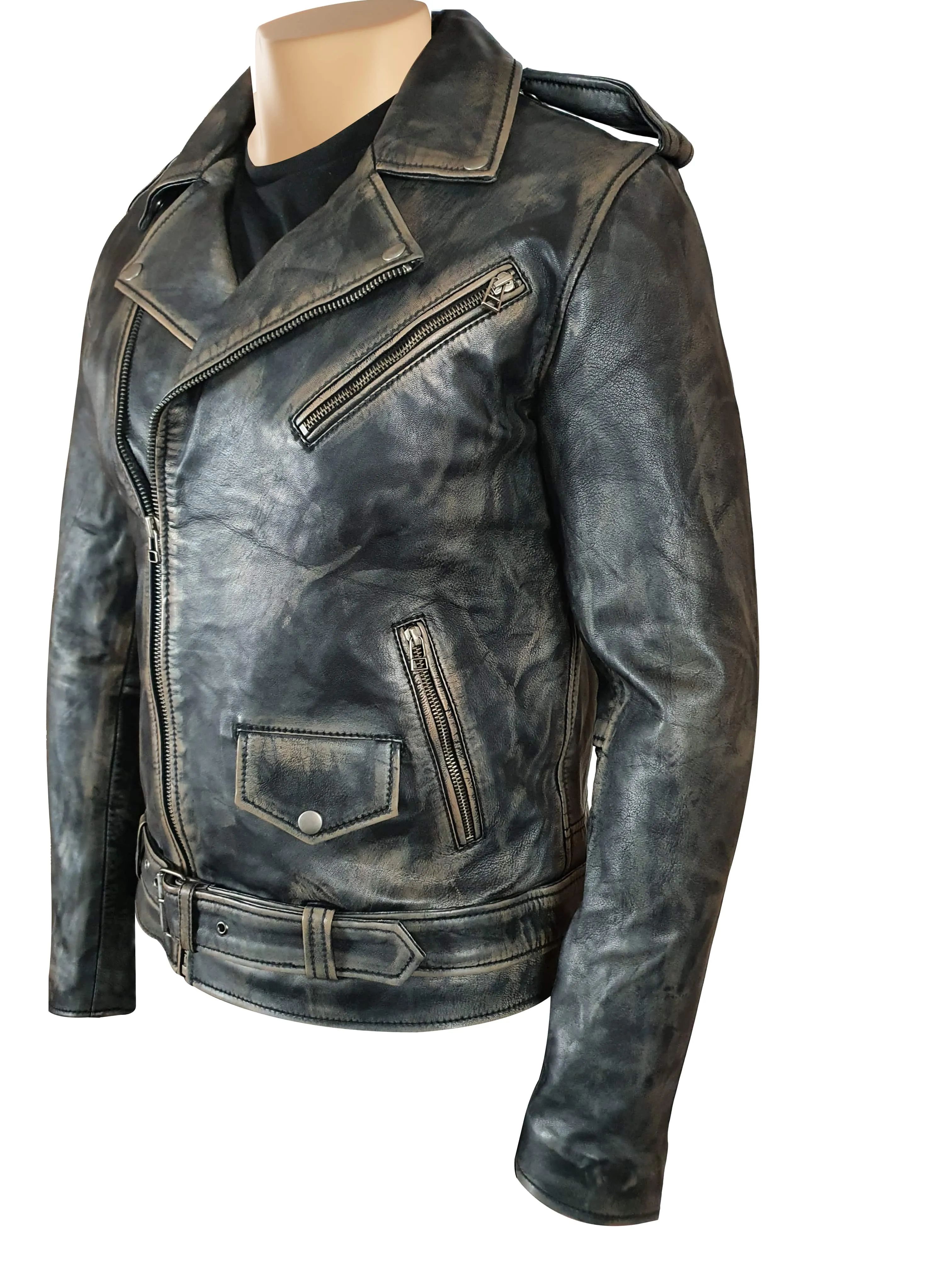 Distressed Biker style jacket with belt