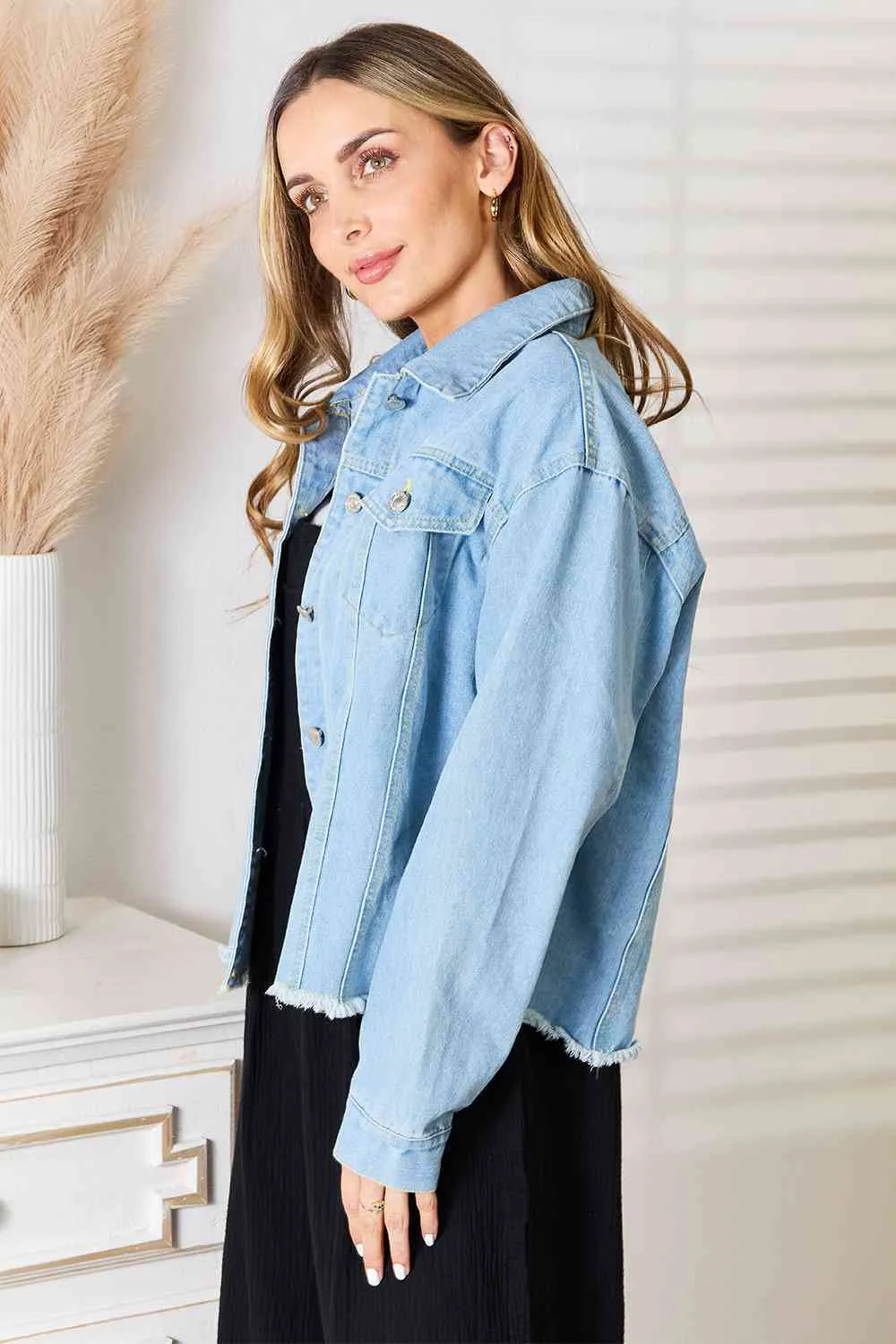 Double Take, Dropped Shoulder Raw Hem Denim Jacket