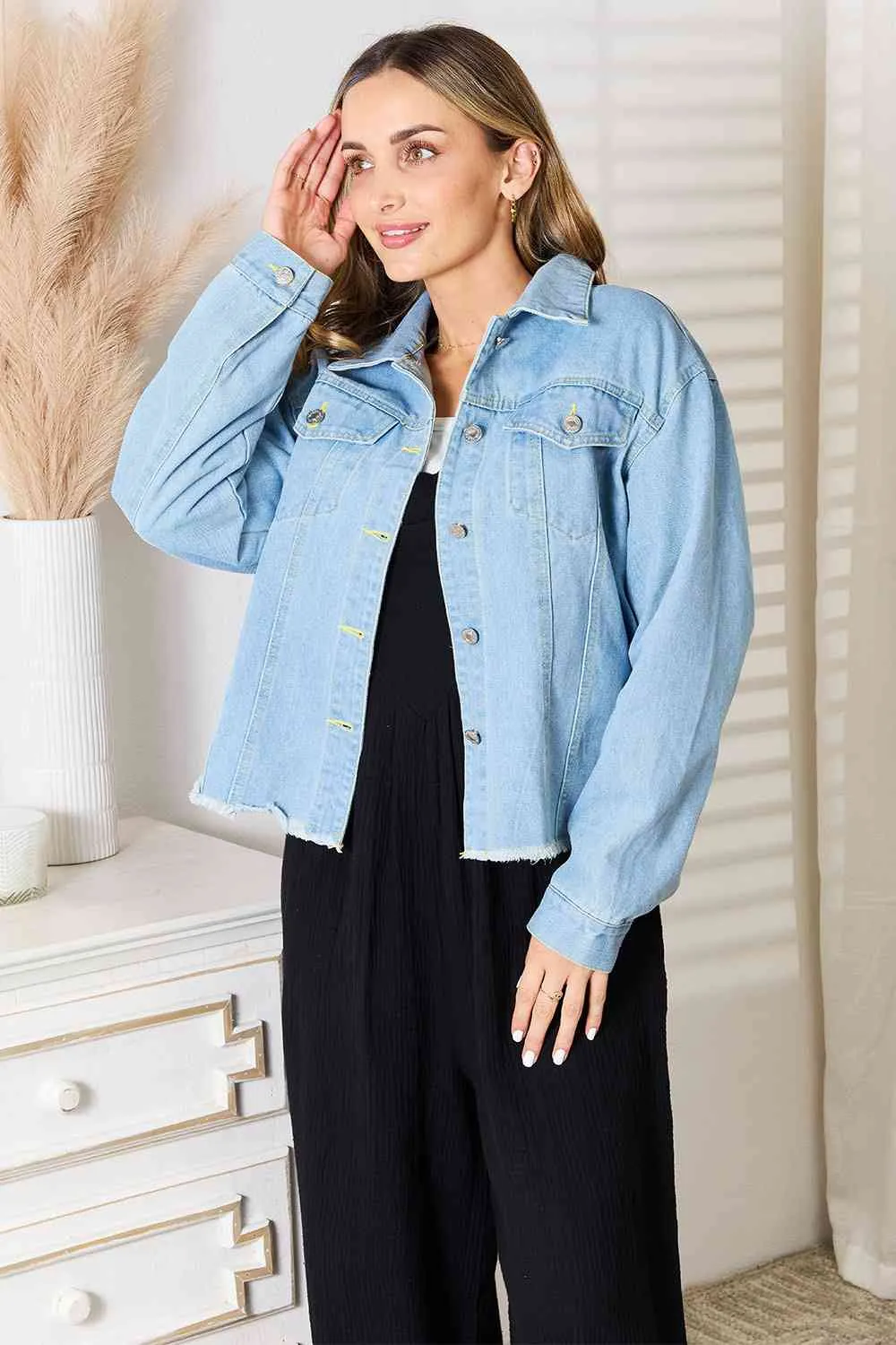 Double Take, Dropped Shoulder Raw Hem Denim Jacket