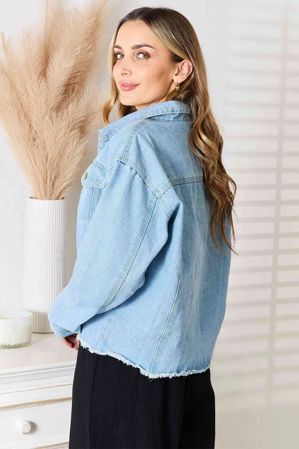 Double Take, Dropped Shoulder Raw Hem Denim Jacket