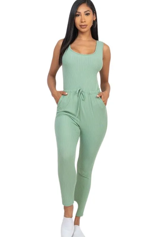 Errand Running -Ribbed Sleeveless Drawstring Jumpsuit