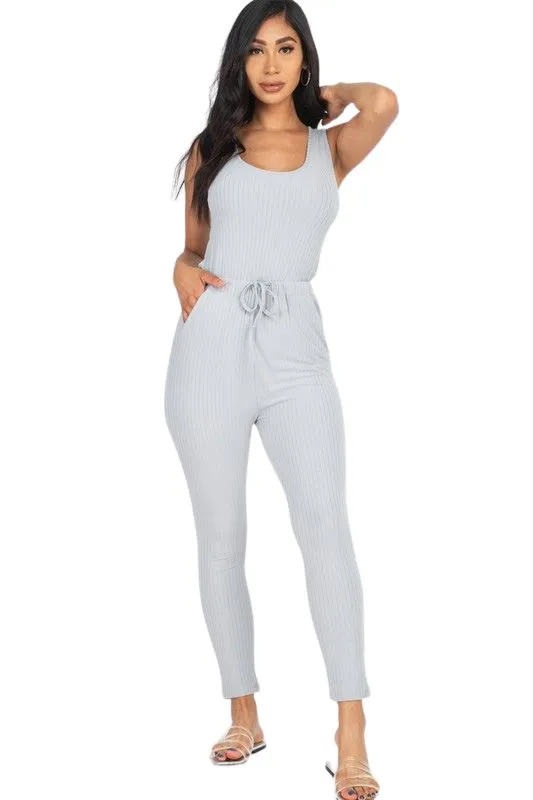 Errand Running -Ribbed Sleeveless Drawstring Jumpsuit