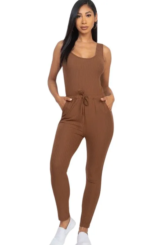 Errand Running -Ribbed Sleeveless Drawstring Jumpsuit