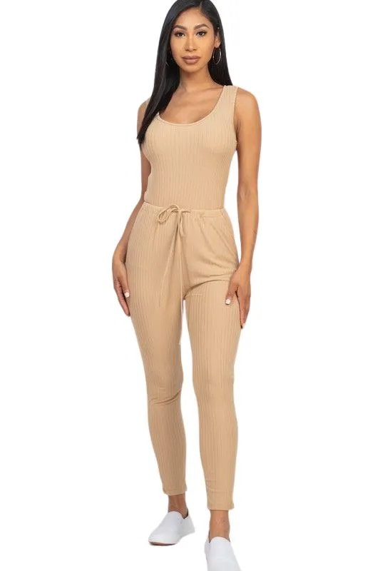 Errand Running -Ribbed Sleeveless Drawstring Jumpsuit