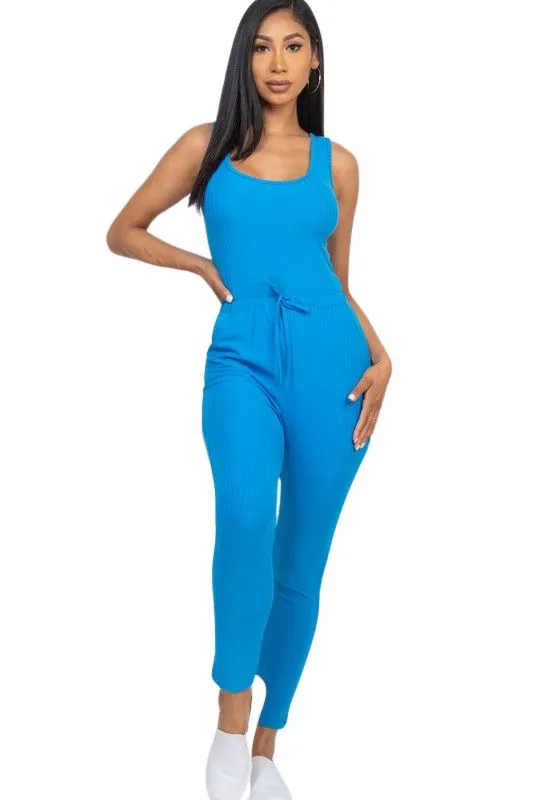 Errand Running -Ribbed Sleeveless Drawstring Jumpsuit