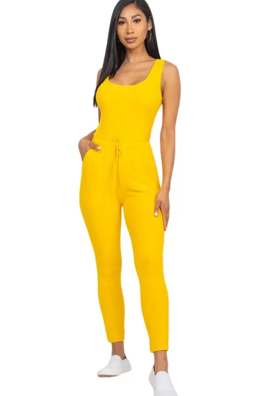 Errand Running -Ribbed Sleeveless Drawstring Jumpsuit