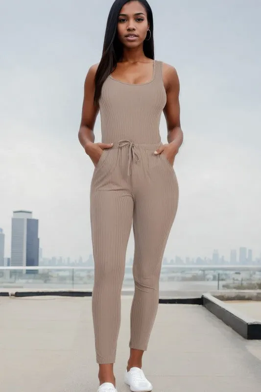 Errand Running -Ribbed Sleeveless Drawstring Jumpsuit