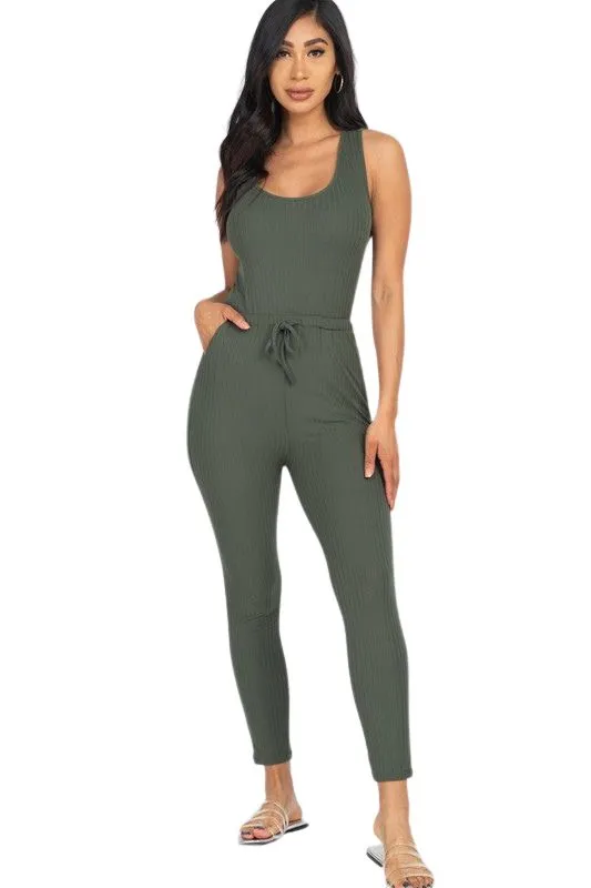 Errand Running -Ribbed Sleeveless Drawstring Jumpsuit