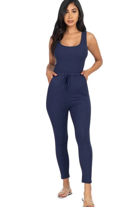 Errand Running -Ribbed Sleeveless Drawstring Jumpsuit