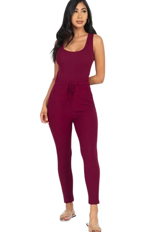 Errand Running -Ribbed Sleeveless Drawstring Jumpsuit