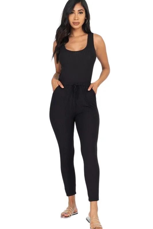 Errand Running -Ribbed Sleeveless Drawstring Jumpsuit