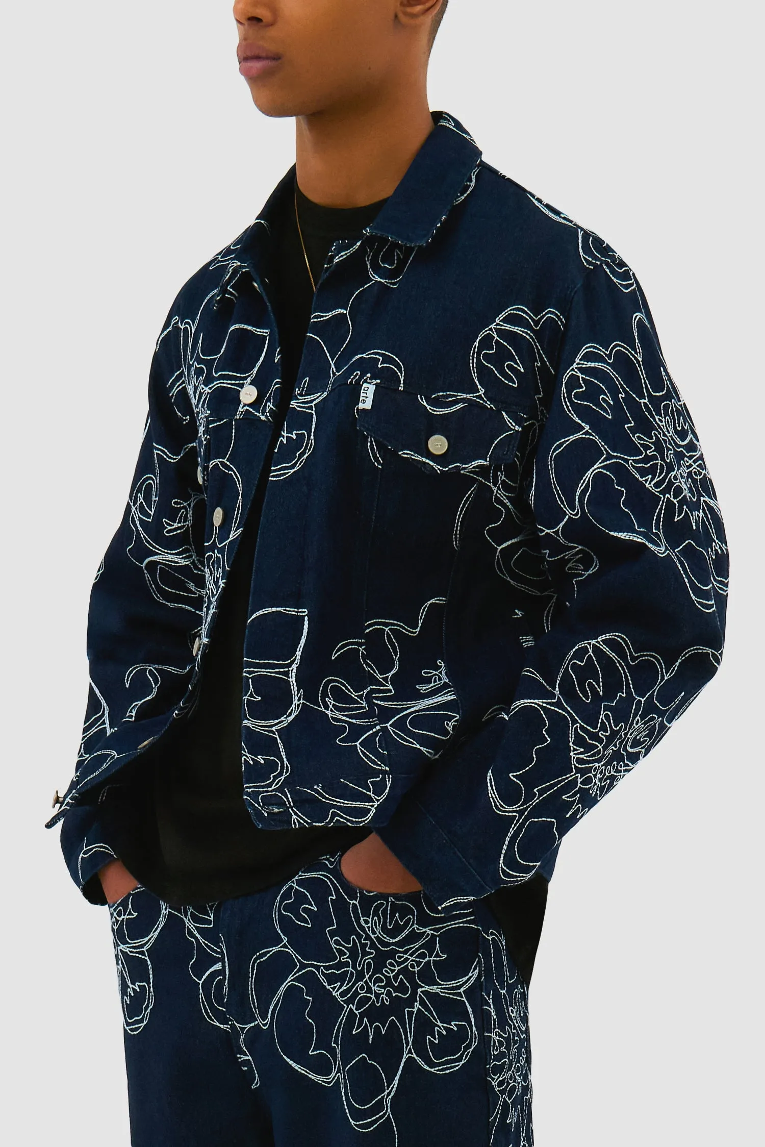 Flower Stitch Denim Jacket - Navy