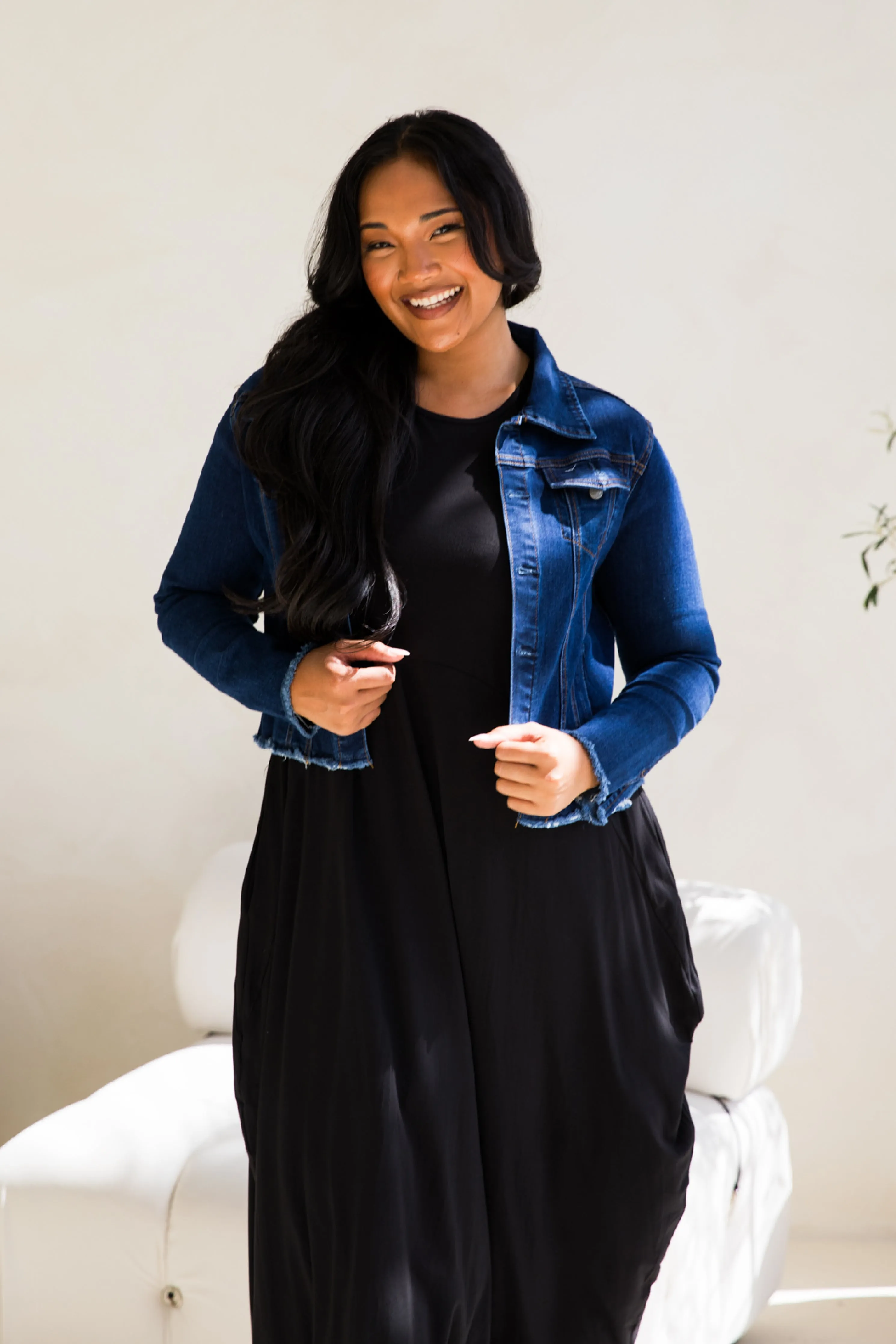 Frayed Denim Jacket in Dark Blue