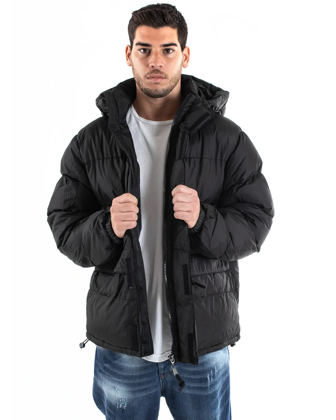 Giubbotto Uomo Bomber Tinta Unita Nero Cappuccio Puffer Imbottito GIOSAL-G2937A