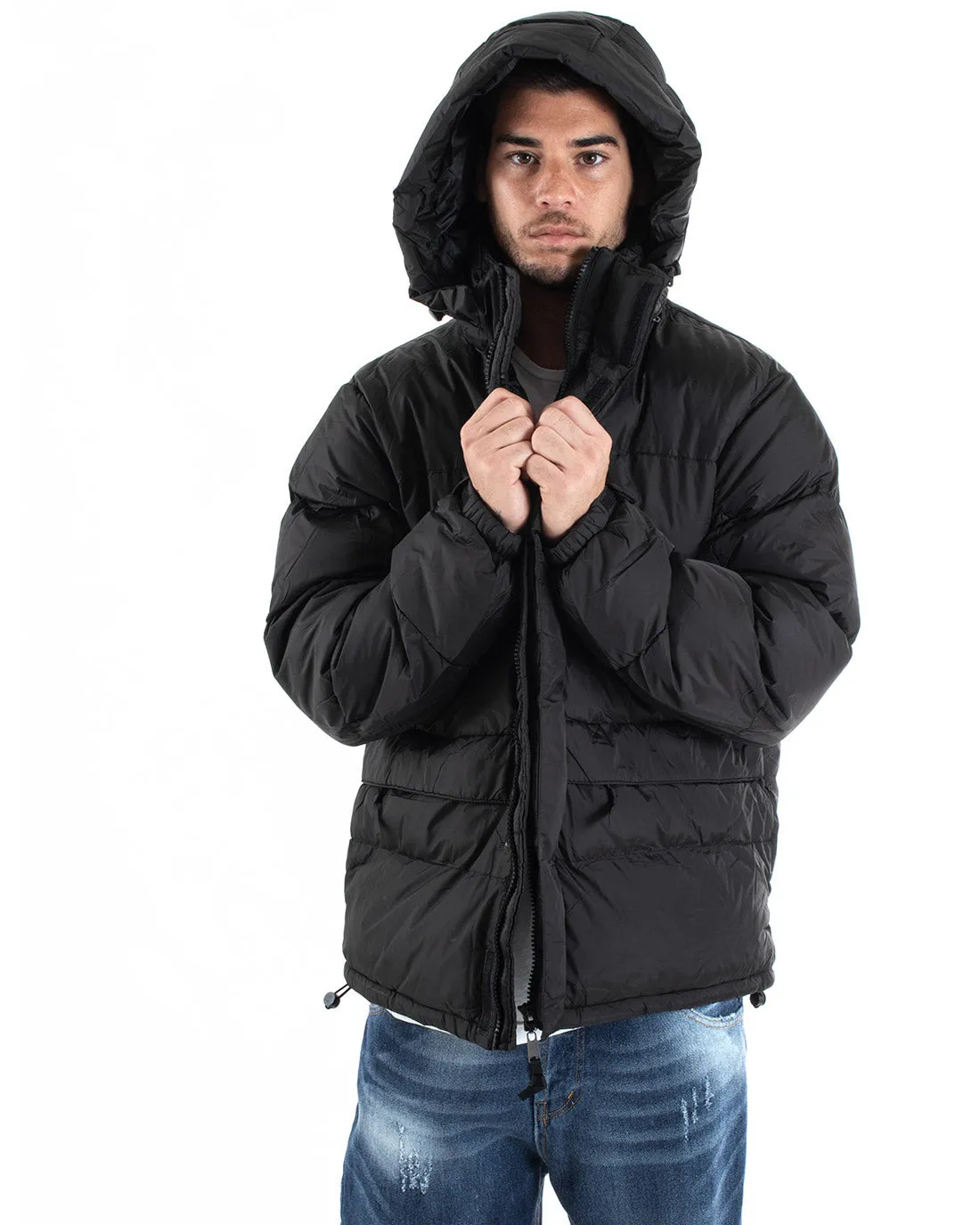 Giubbotto Uomo Bomber Tinta Unita Nero Cappuccio Puffer Imbottito GIOSAL-G2937A