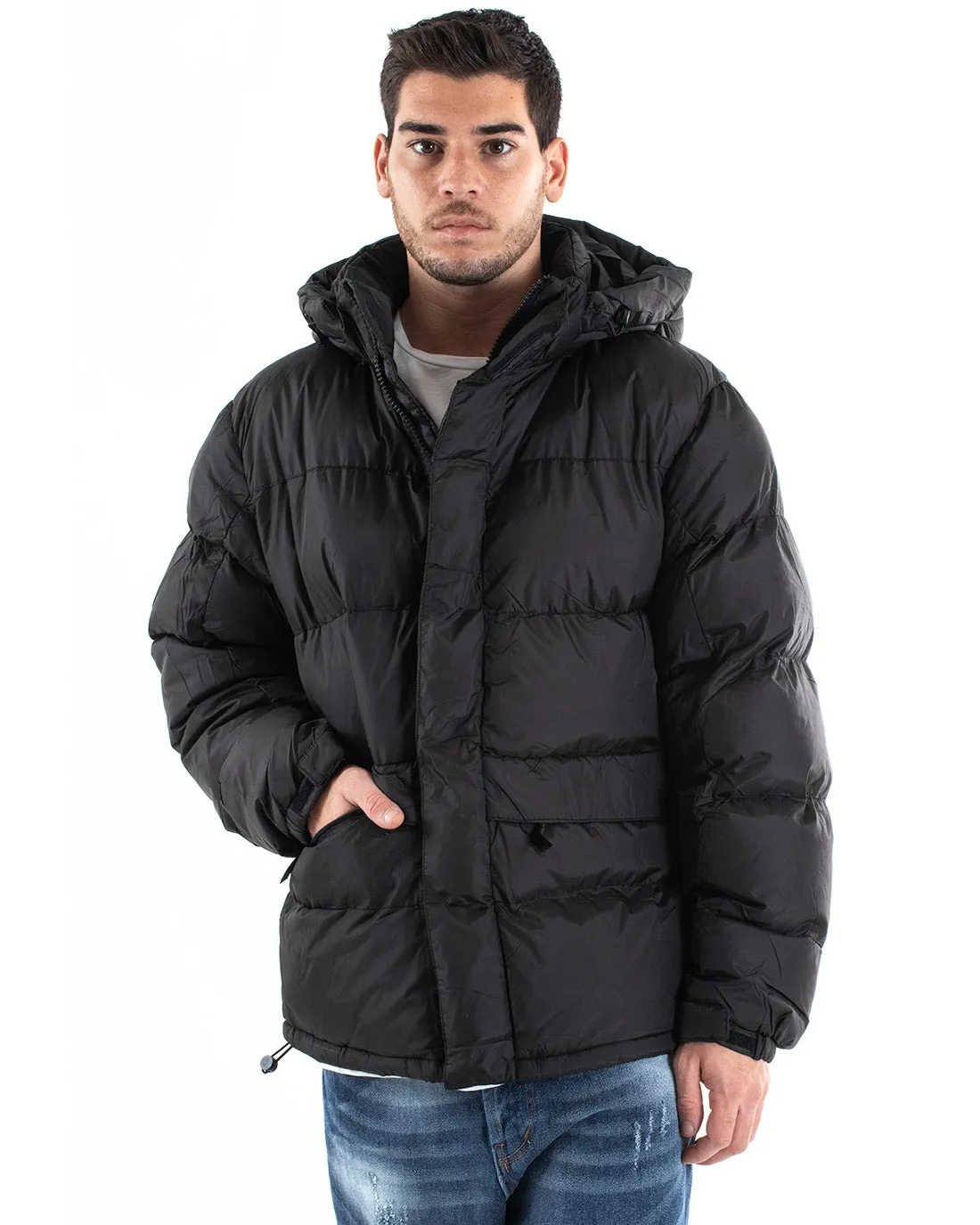 Giubbotto Uomo Bomber Tinta Unita Nero Cappuccio Puffer Imbottito GIOSAL-G2937A