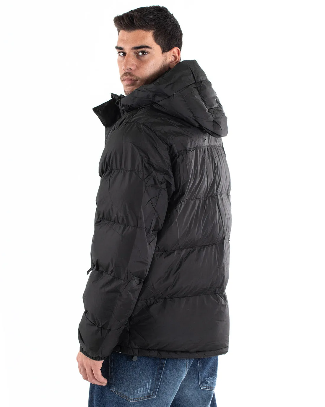 Giubbotto Uomo Bomber Tinta Unita Nero Cappuccio Puffer Imbottito GIOSAL-G2937A