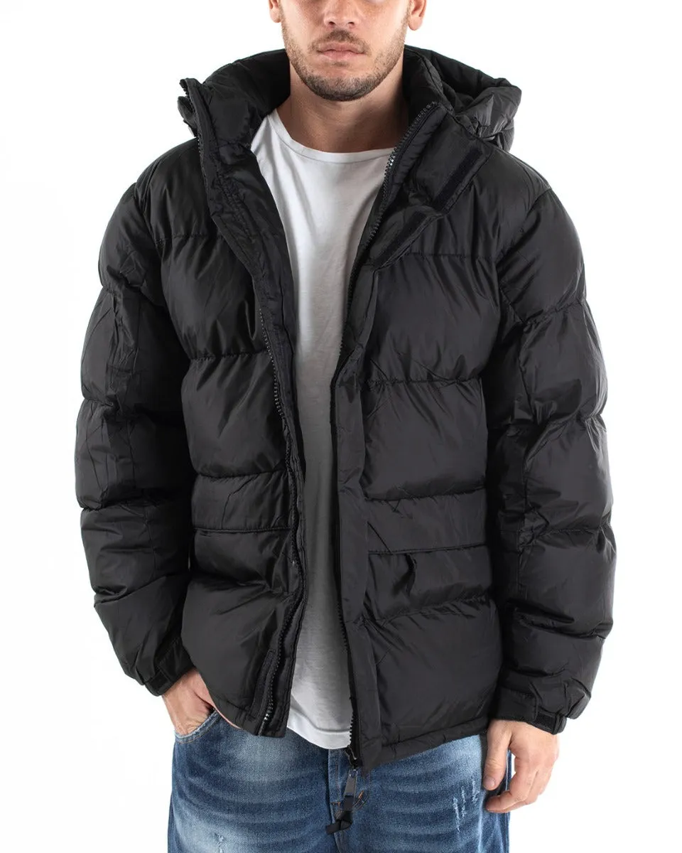 Giubbotto Uomo Bomber Tinta Unita Nero Cappuccio Puffer Imbottito GIOSAL-G2937A